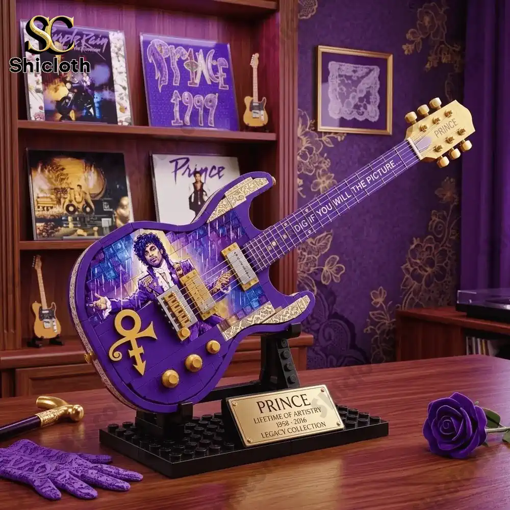 Purple prince guitar brick display set placed on a stand in a music themed room!