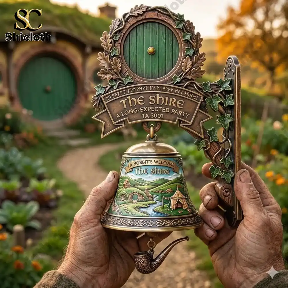 Hobbit welcome wall bell with shire door design held in hands in a garden!