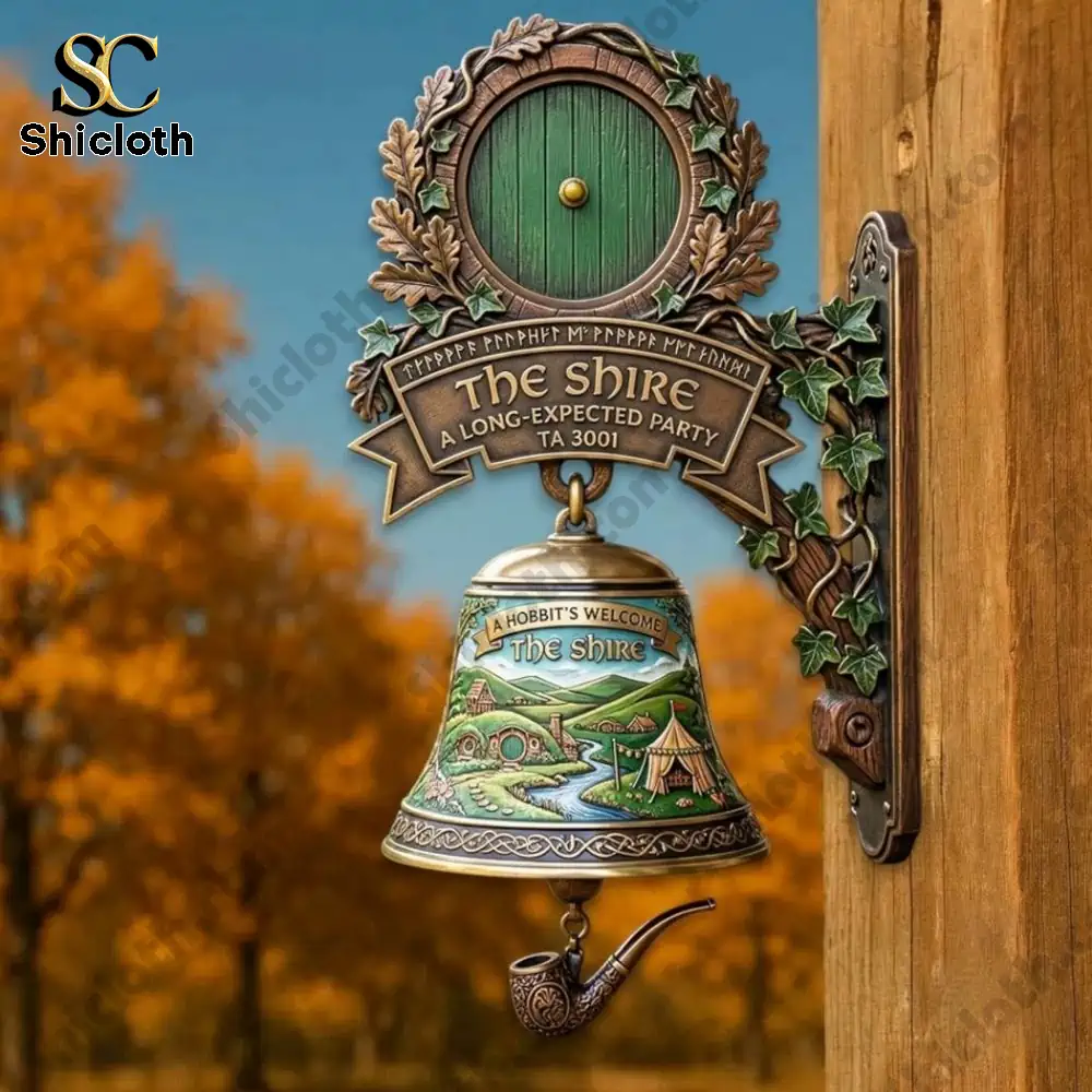 Hobbit welcome shire wall bell mounted on wooden post with autumn trees background!