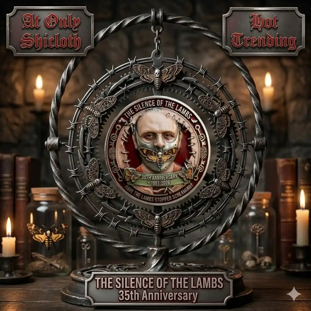 Display stand with Silence of the Lambs coin surrounded by gothic decor!