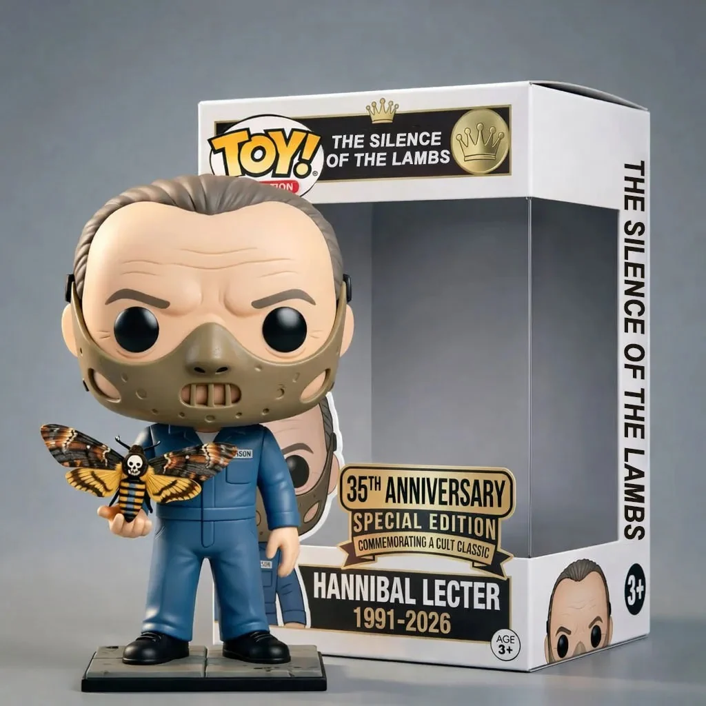 Close up collectible figure with mask next to anniversary edition box