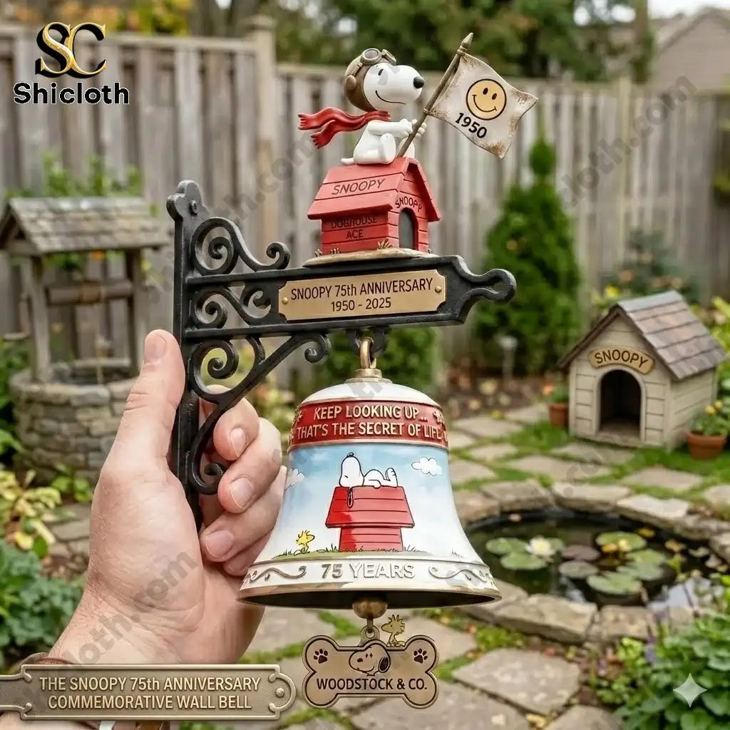 Hand holding Snoopy 75th Anniversary commemorative wall bell in garden setting