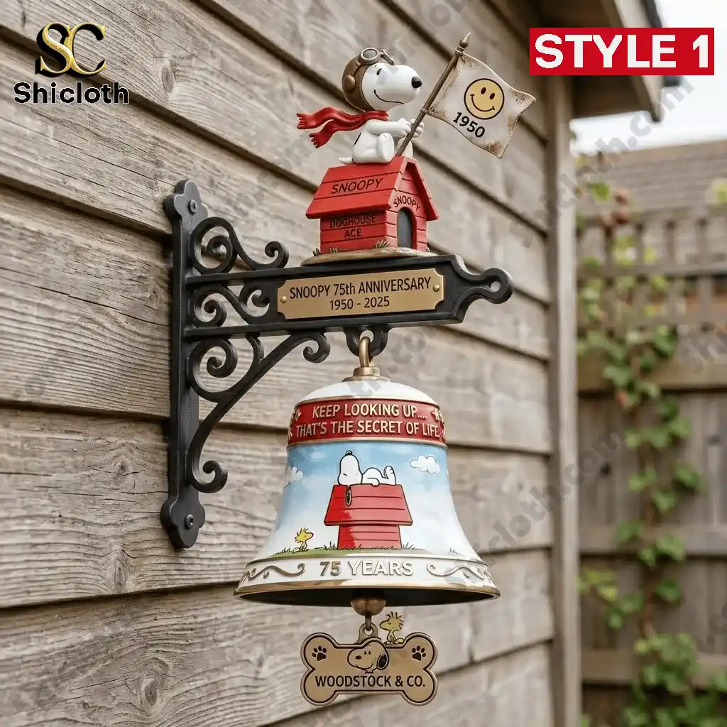 Snoopy 75th Anniversary wall bell mounted on wooden wall Style one