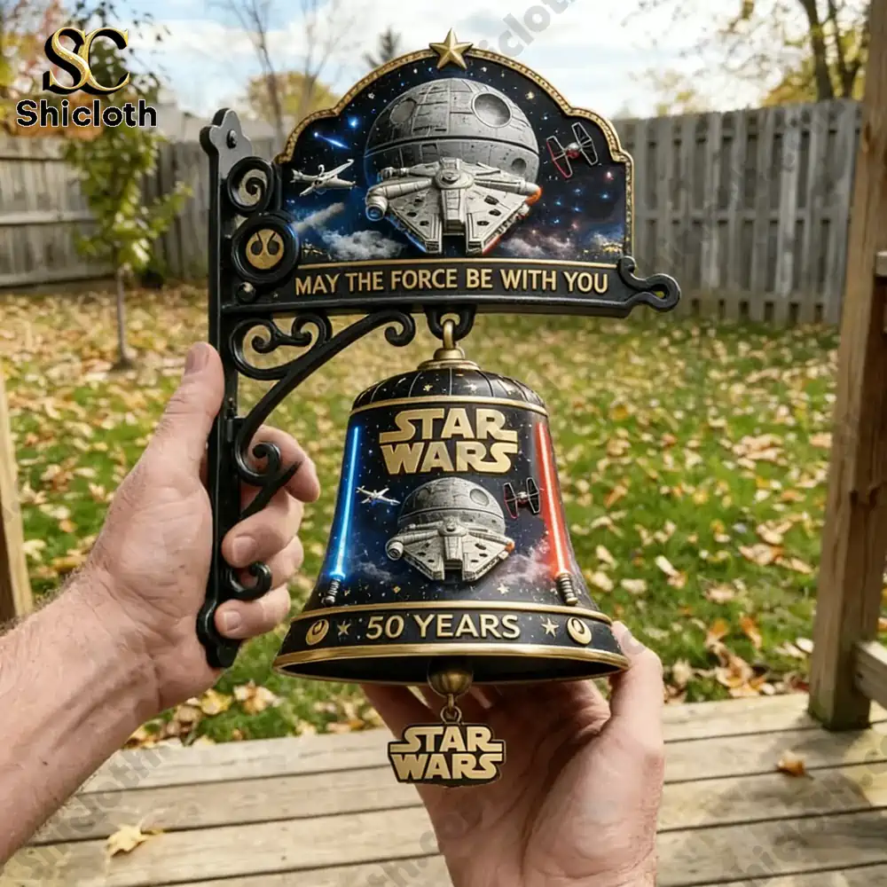 Star Wars wall bell held in hands in backyard setting