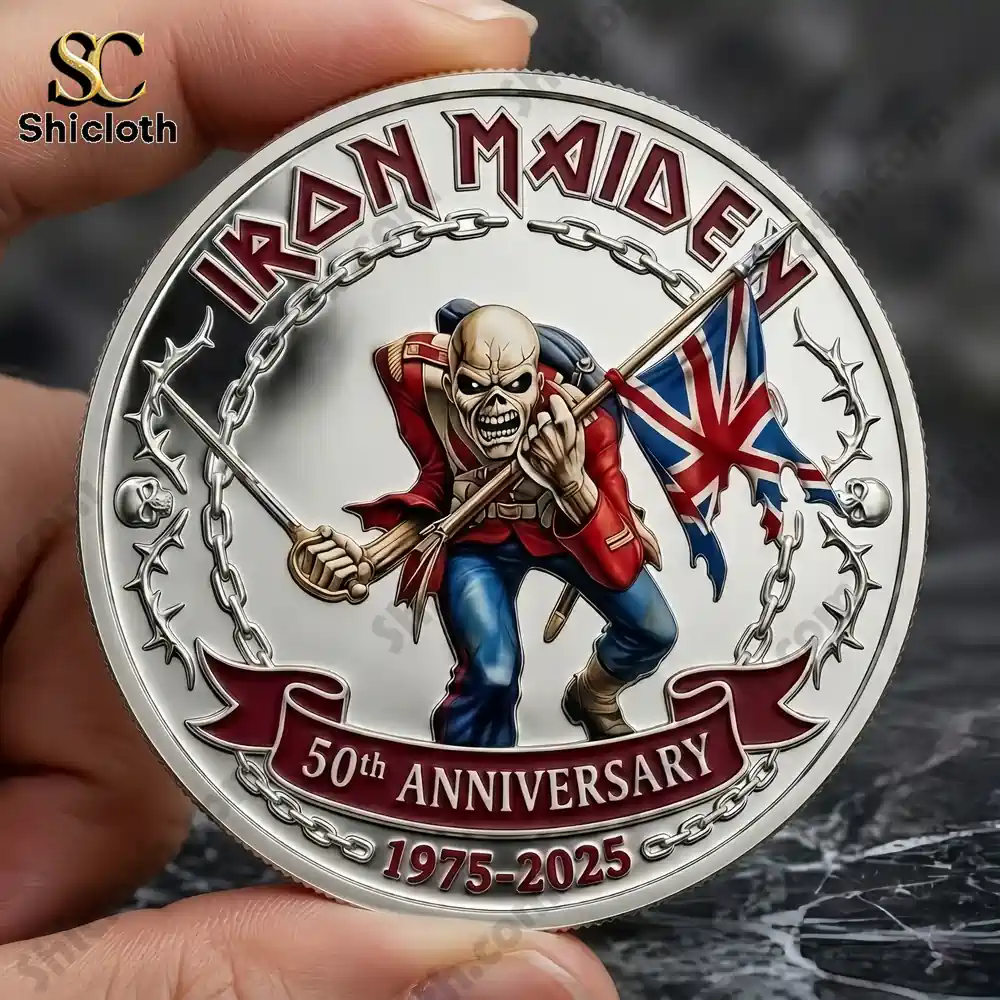 Iron Maiden trooper skeleton mascot holding british flag on commemorative coin by Shicloth!