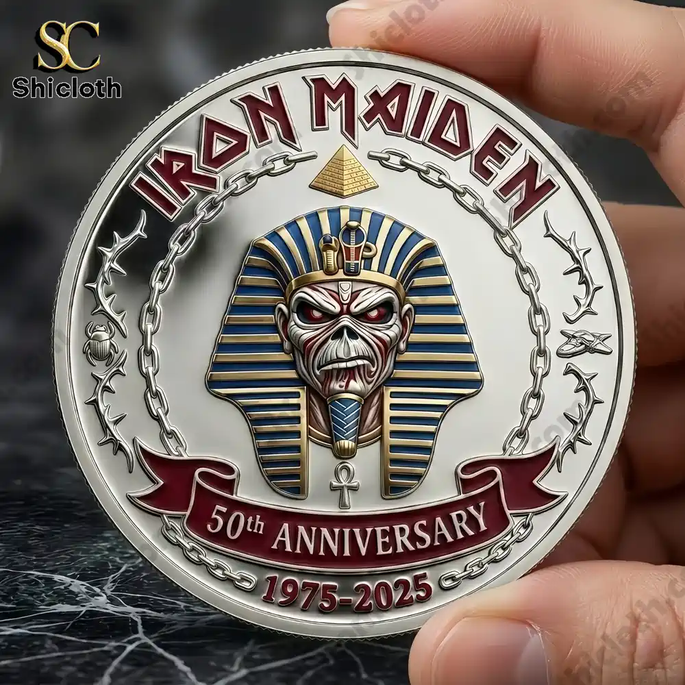 Iron Maiden pharaoh eddie mascot on anniversary commemorative coin design by Shicloth!