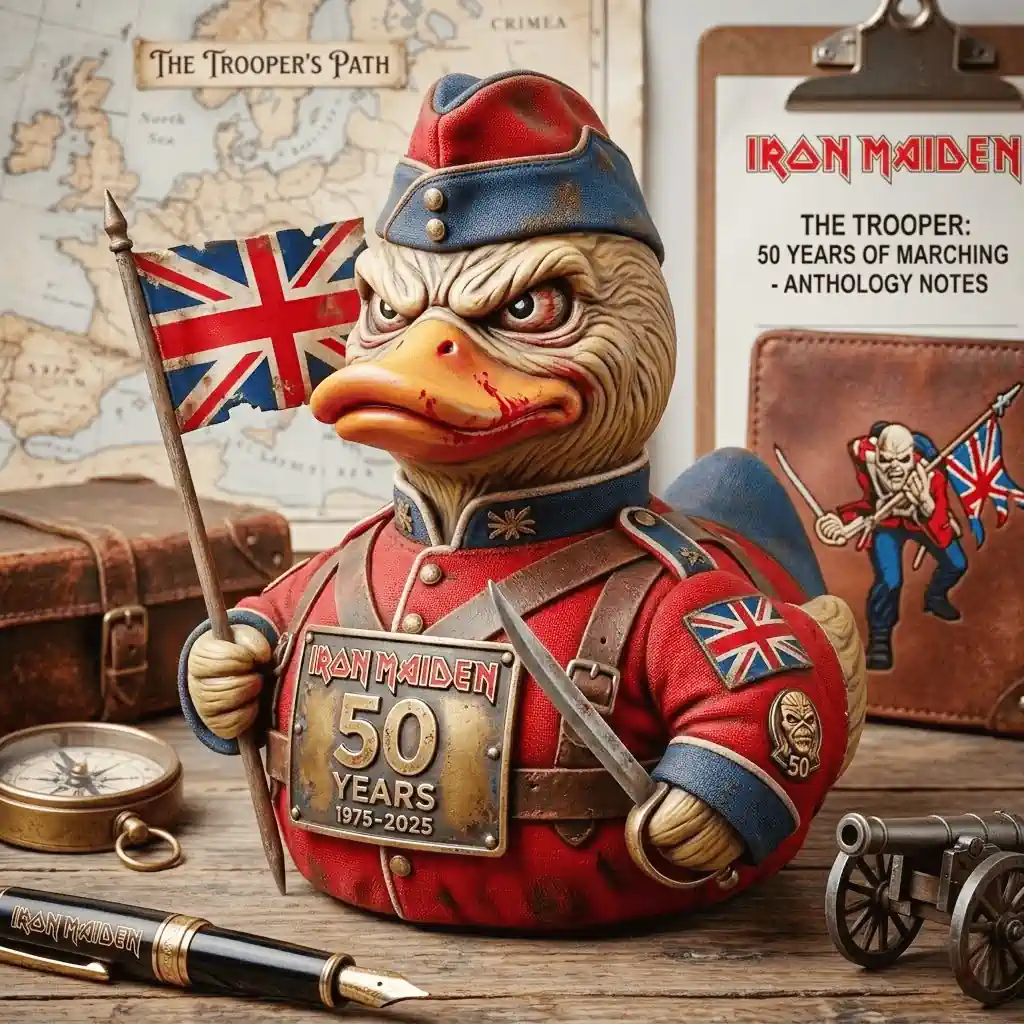 Iron Maiden trooper anniversary duck collectible with flag and uniform!