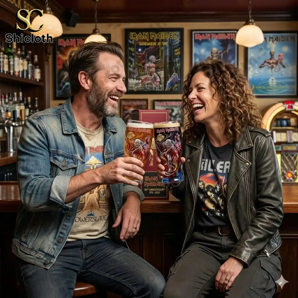 Two adults toasting with Iron Maiden anniversary beer glasses at a bar counter!