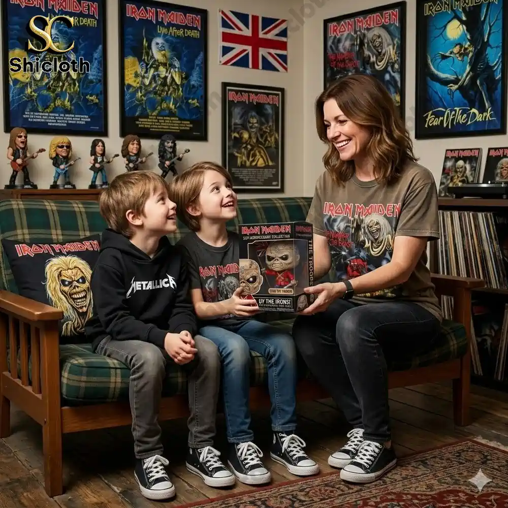 Mother and two kids holding Iron Maiden trooper eddie figure box in a music fan room!