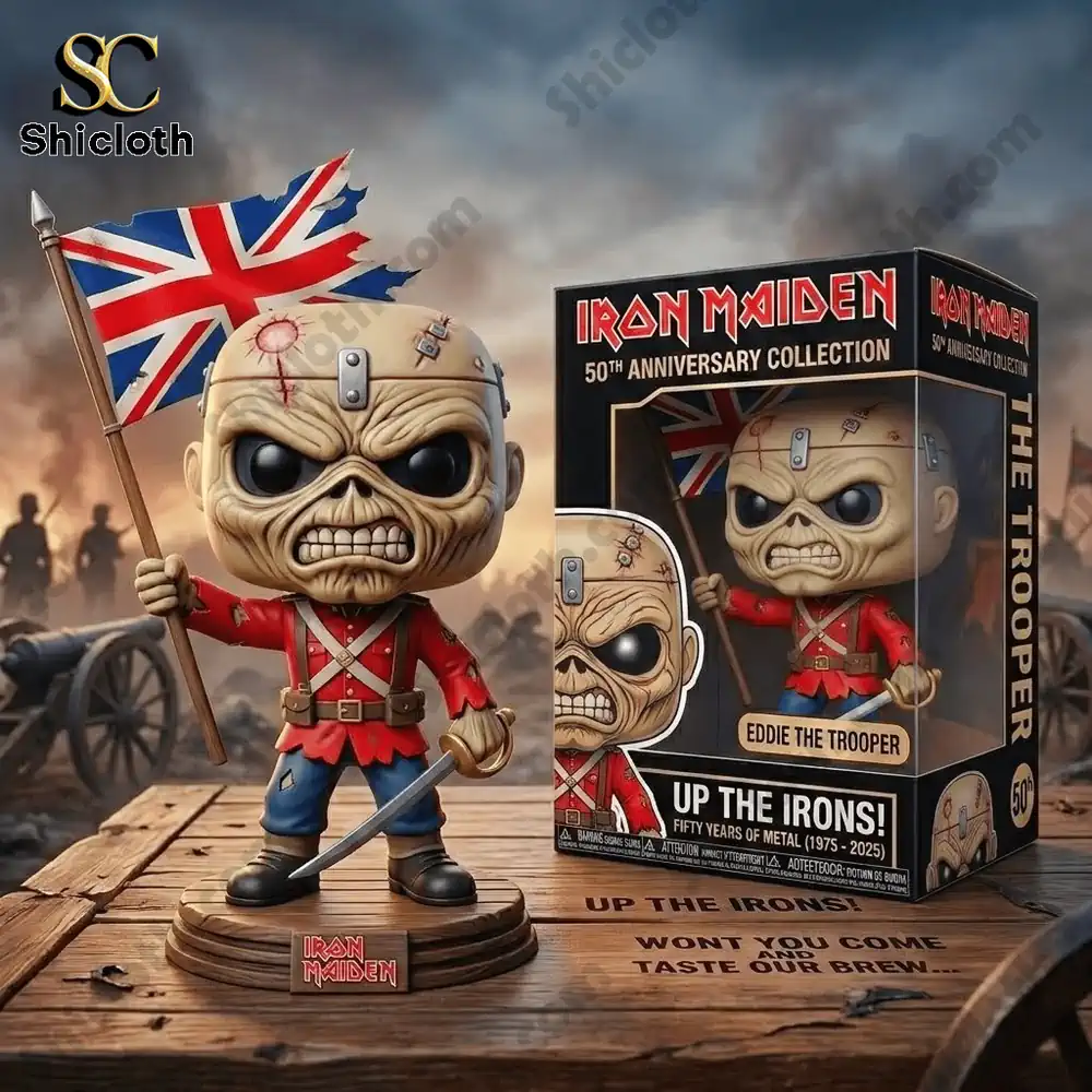 Iron Maiden trooper eddie figure holding british flag beside collector box on battlefield scene!