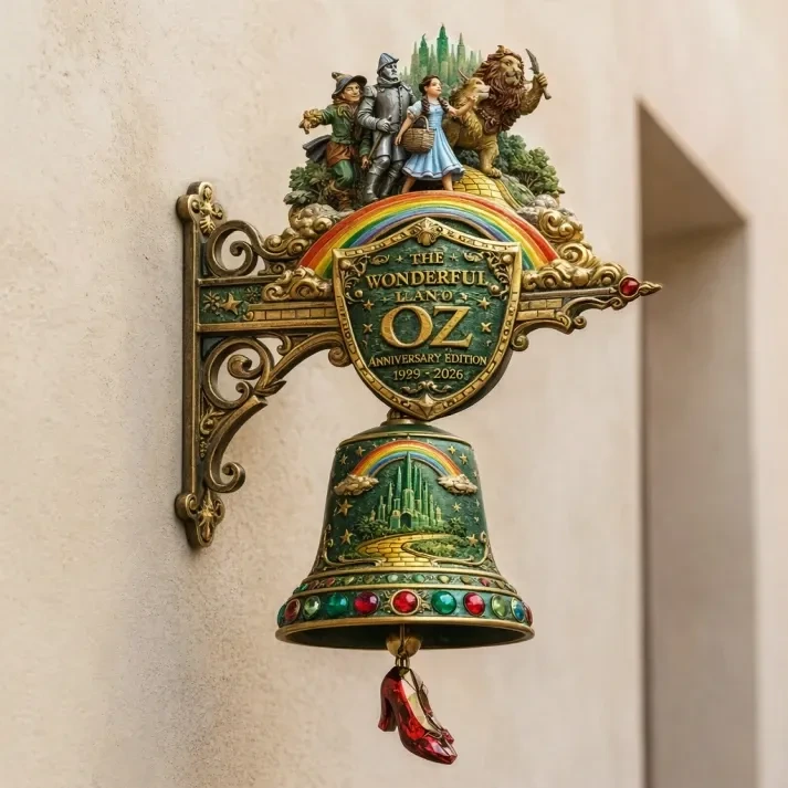 Close view wizard of oz themed wall bell with emerald city rainbow and classic characters designed by shicloth!