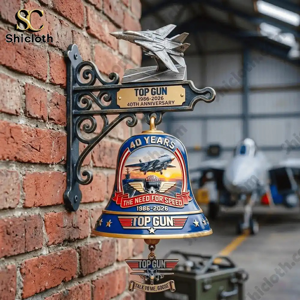 Top Gun aviation wall bell mounted on brick wall with fighter jet hangar background by Shicloth!