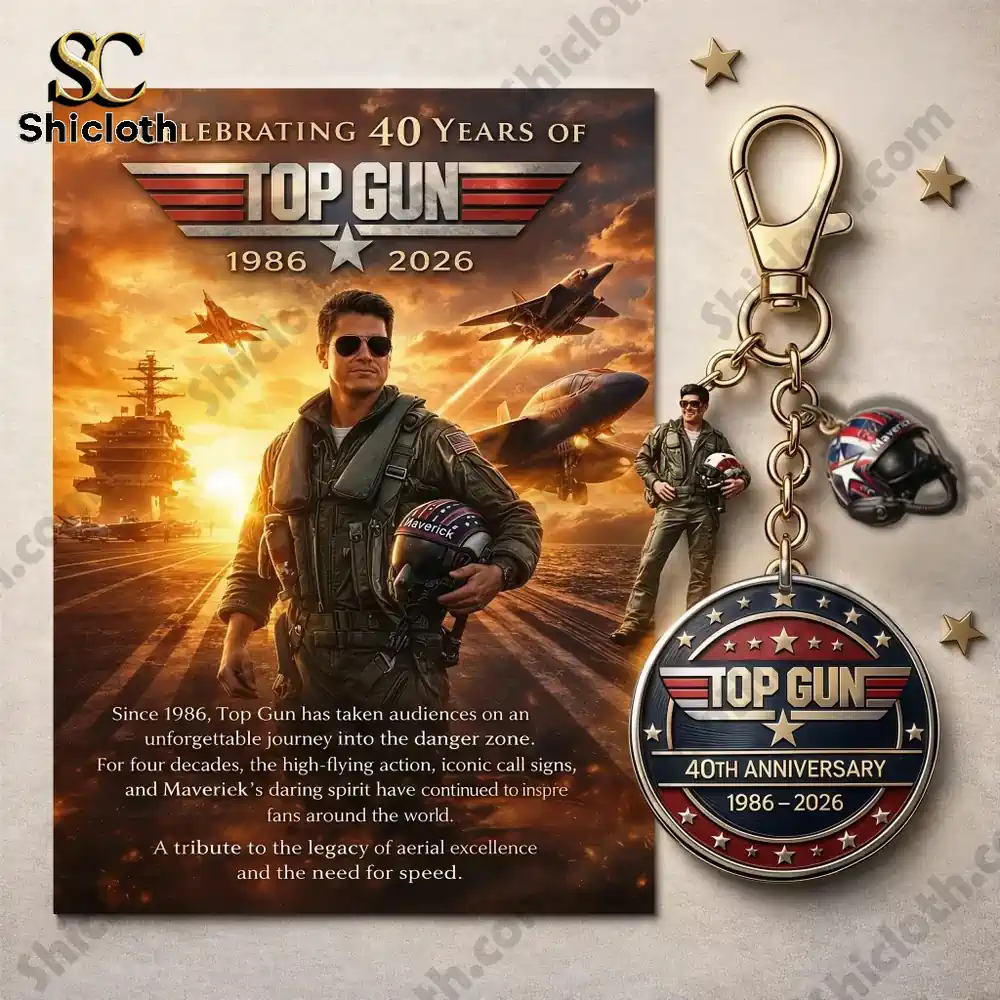 Top gun anniversary keychain with pilot charm and display card featuring fighter jets and aircraft carrier by shicloth!