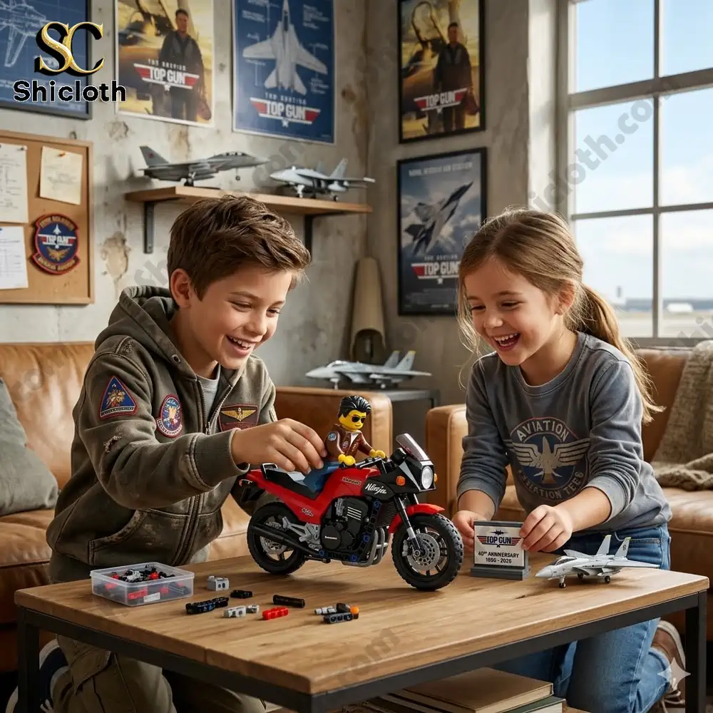 Kids playing with Top Gun motorcycle and jet building set!