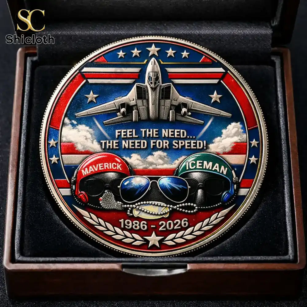 Top Gun anniversary coin with fighter jet and Maverick Iceman pilot helmets in display box!