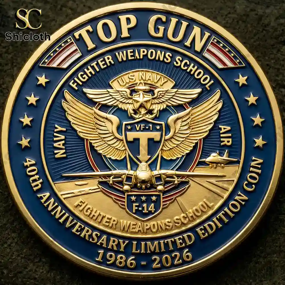 Top Gun Maverick 40th Anniversary Commemorative Coin 3 Top Gun coin with wings emblem and fighter jet!