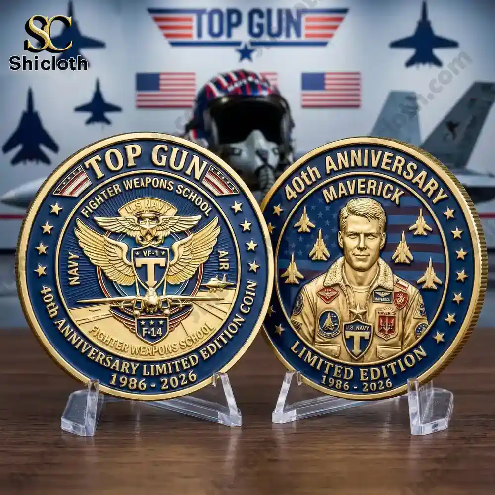 Top Gun Maverick 40th Anniversary Commemorative Coin 4 Two Top Gun and Maverick coins displayed on stands!