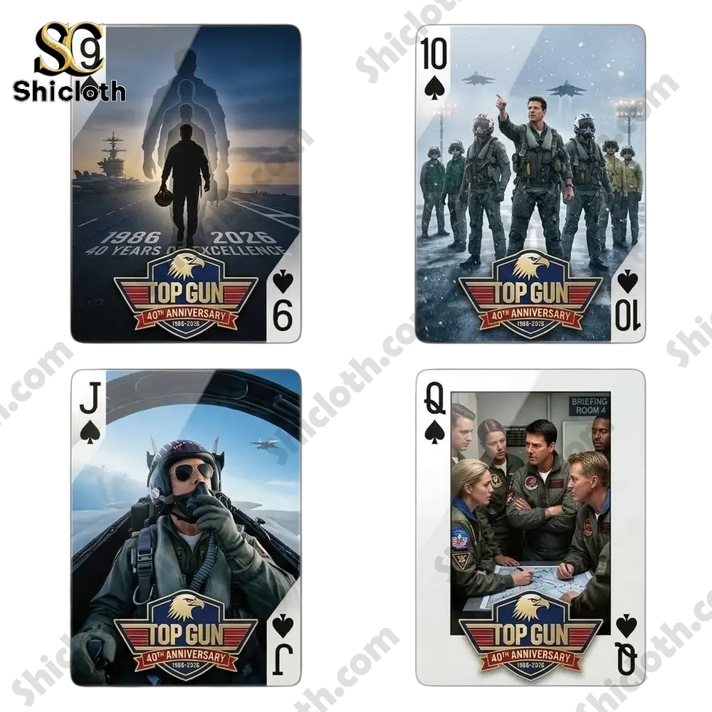 Top Gun card featuring pilot riding motorcycle with jet in background
