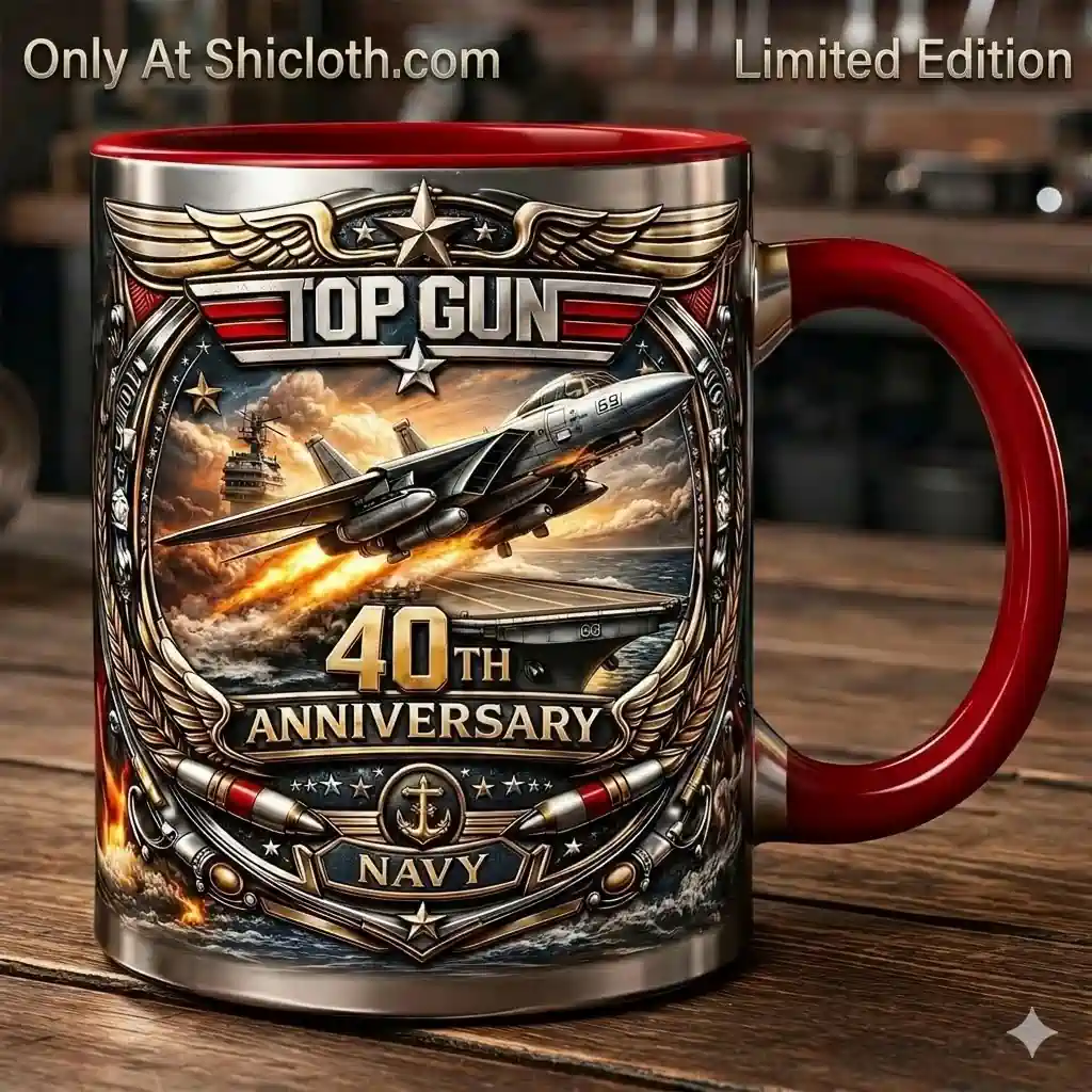 Top Gun fortieth anniversary navy fighter jet commemorative mug with aircraft carrier design by Shicloth!