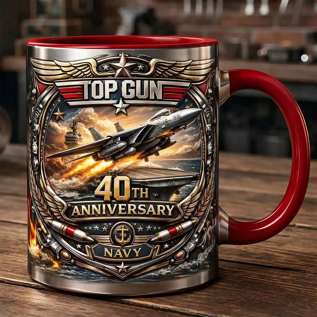 Top Gun fortieth anniversary navy fighter jet launching from aircraft carrier commemorative mug design by Shicloth!