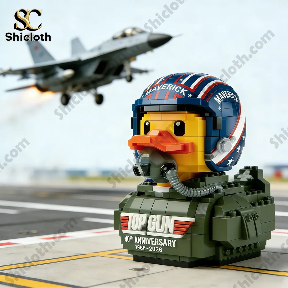 Pilot duck block model on runway with jet behind