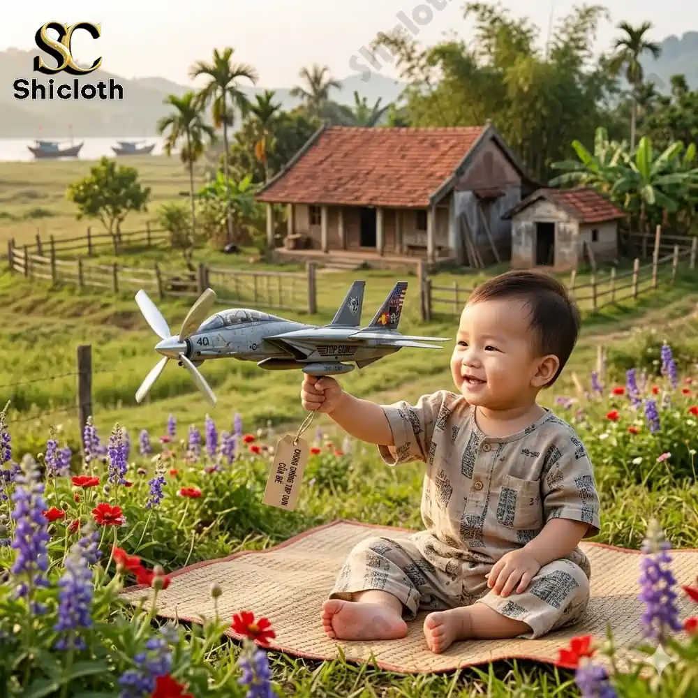 Baby holding airplane model in a rural garden with flowers and house