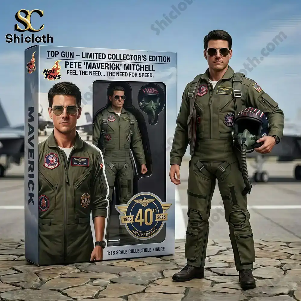 AC/DC 53rd Anniversary Commemorative Figure 63 Pilot figure in green flight suit with helmet next to collectible box on runway scene