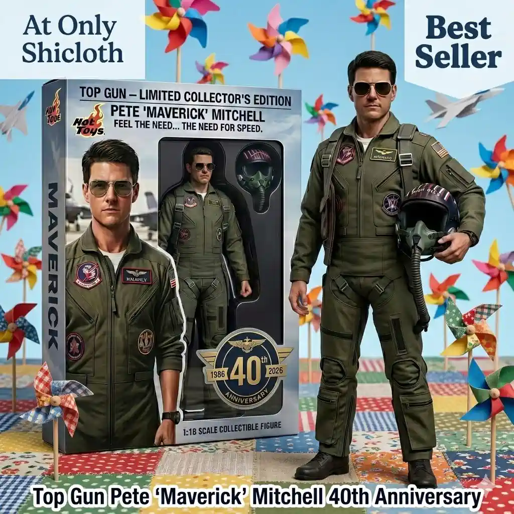 Pilot collectible figure with box displayed on colorful background with decorative pinwheels
