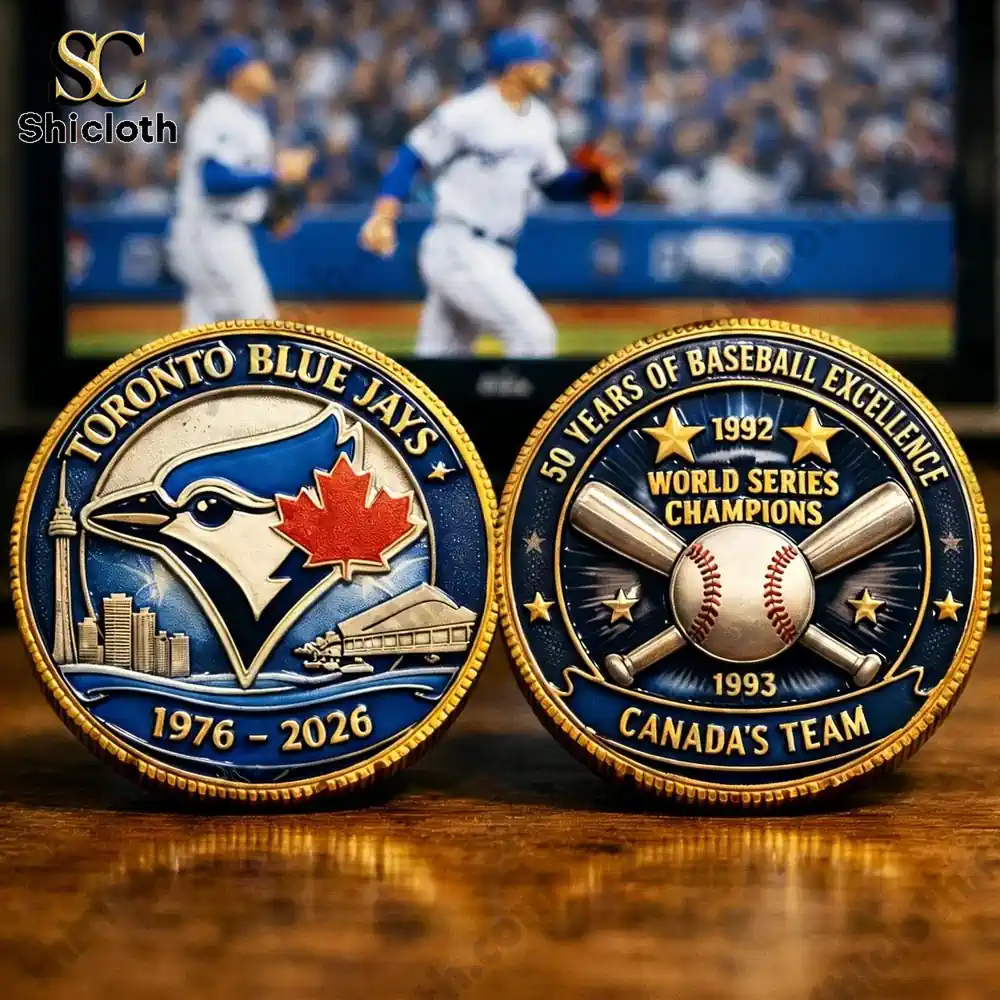 Toronto Blue Jays anniversary coin front and back displayed on wooden table with baseball game in background!
