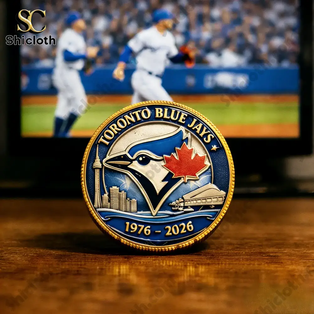 Toronto Blue Jays anniversary coin front side with blue jay emblem and maple leaf on wooden table!
