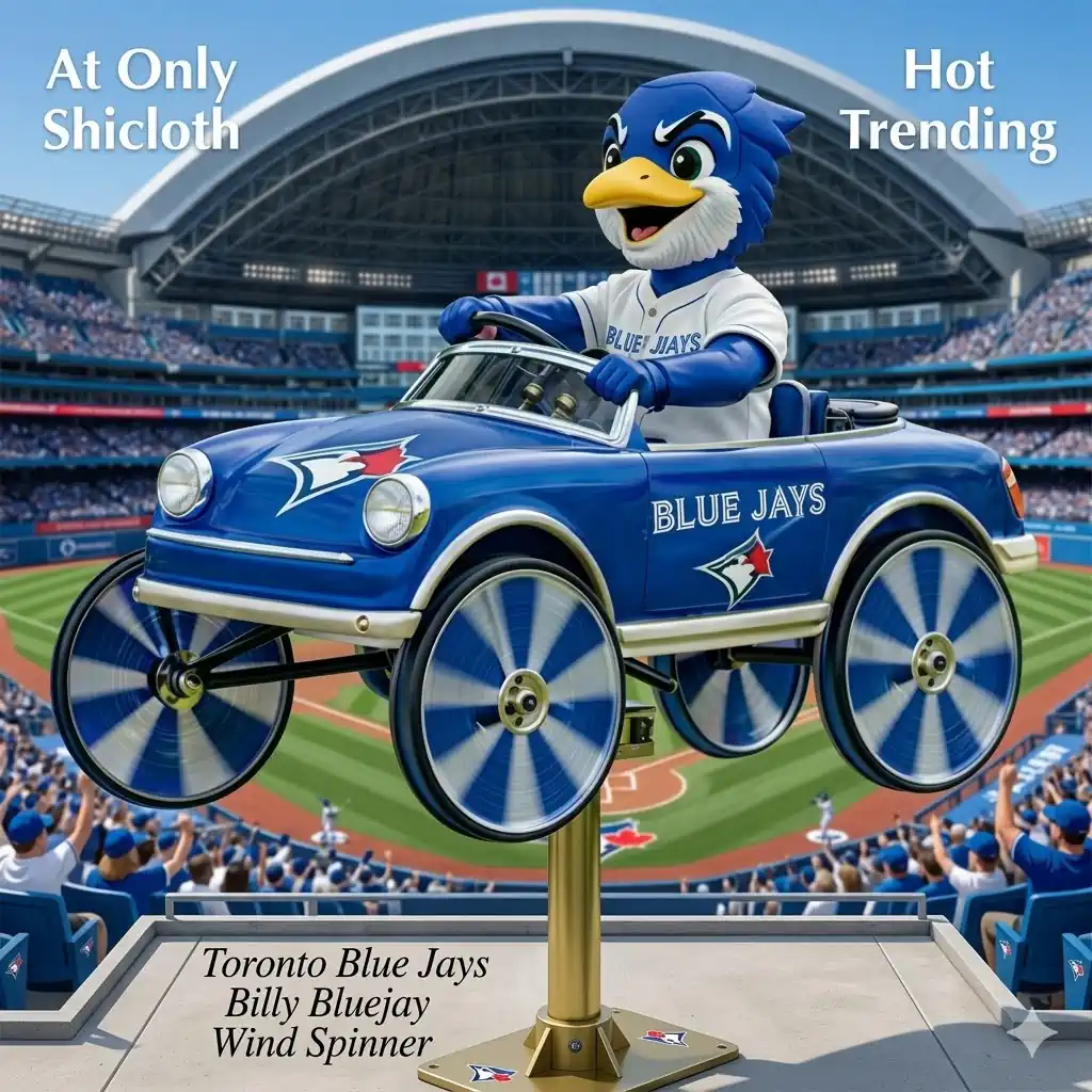 Blue jay mascot car wind spinner in stadium background
