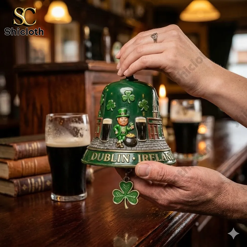 Hand holding green Dublin Ireland Irish pub wall bell inside cozy bar!
