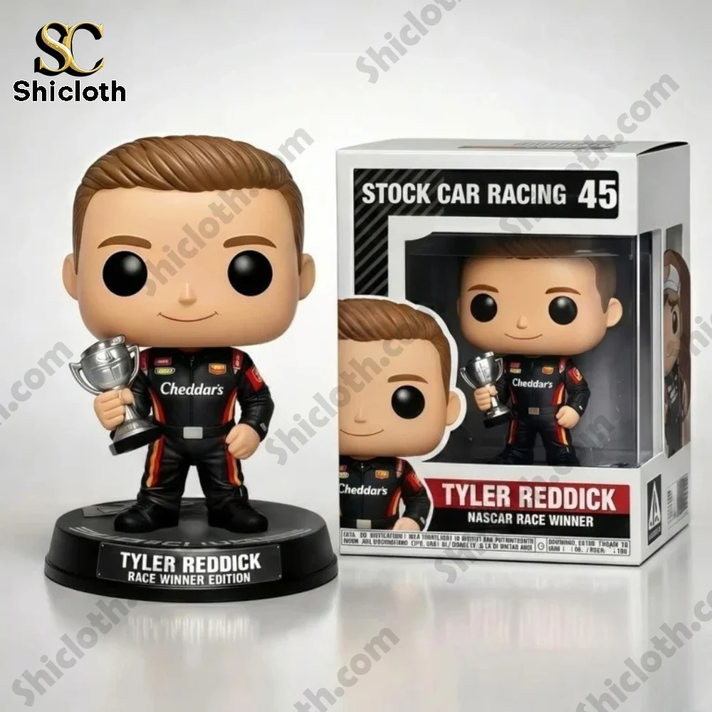 Tyler Reddick nascar champion collectible figure with trophy beside themed display box!