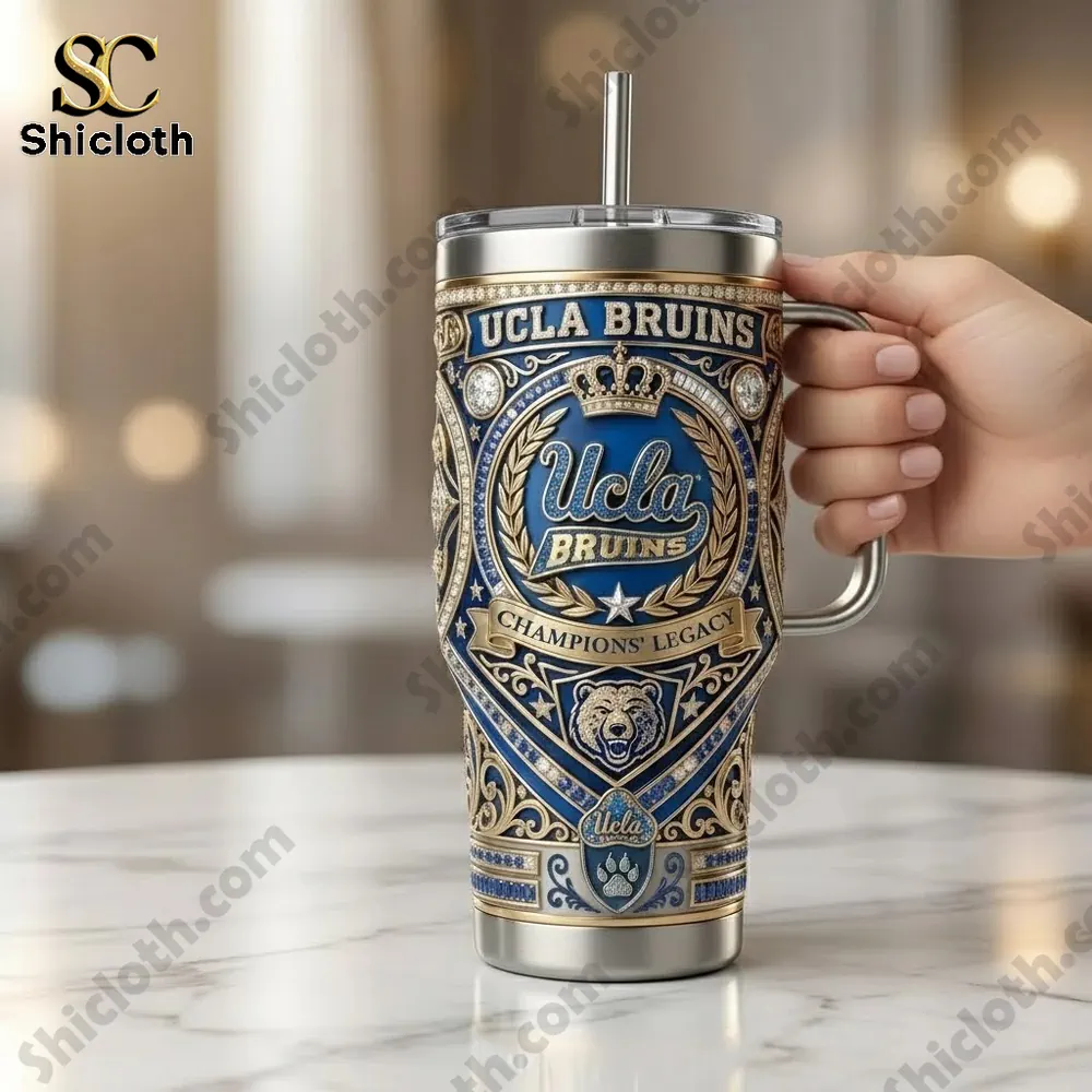 Hand holding UCLA Bruins tumbler with detailed design!