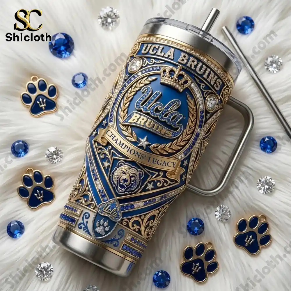 UCLA Bruins Heritage Official Collegiate Luxury Tumbler 3 UCLA Bruins tumbler surrounded by blue gems and pins!