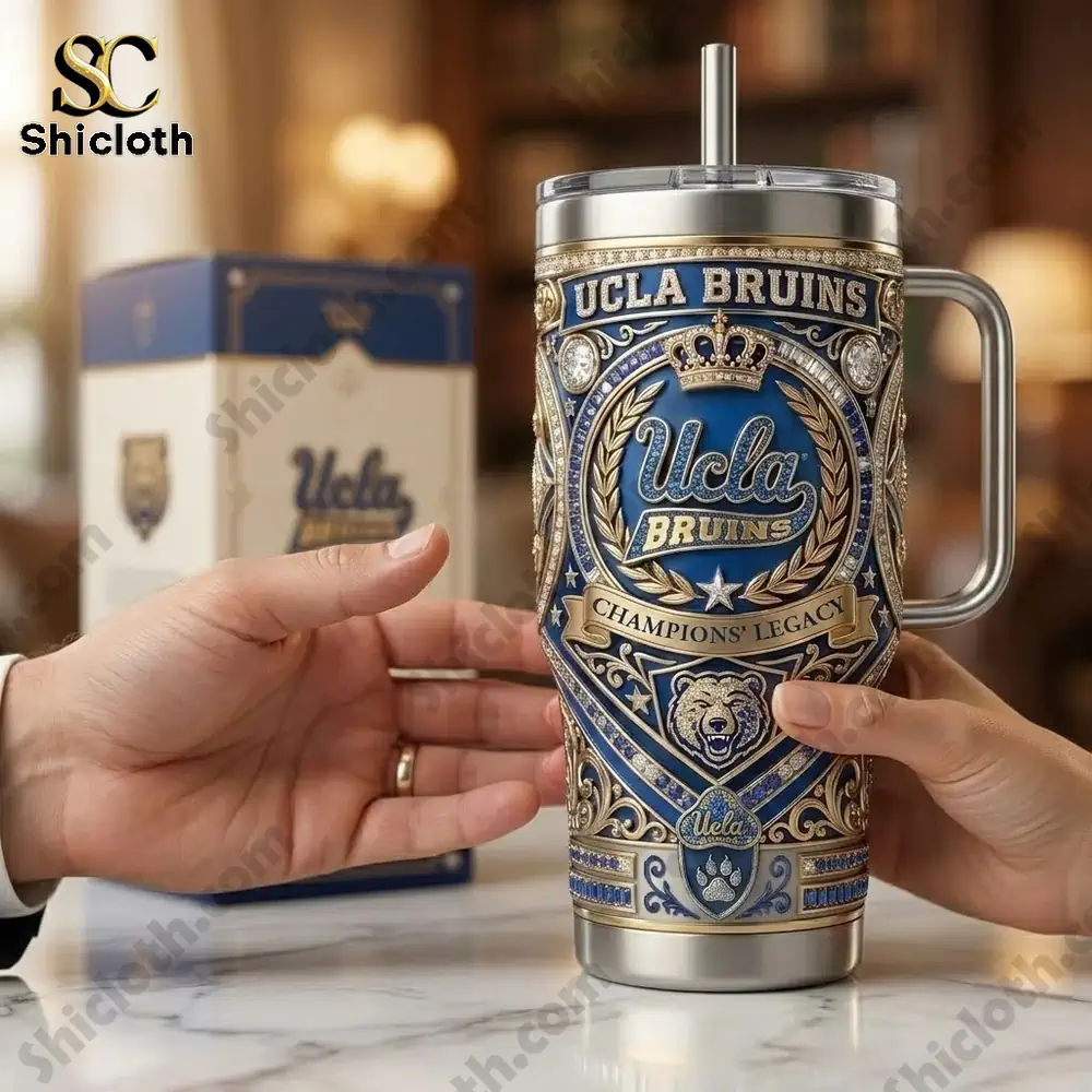 UCLA Bruins Heritage Official Collegiate Luxury Tumbler 4 Two hands exchanging UCLA Bruins tumbler!