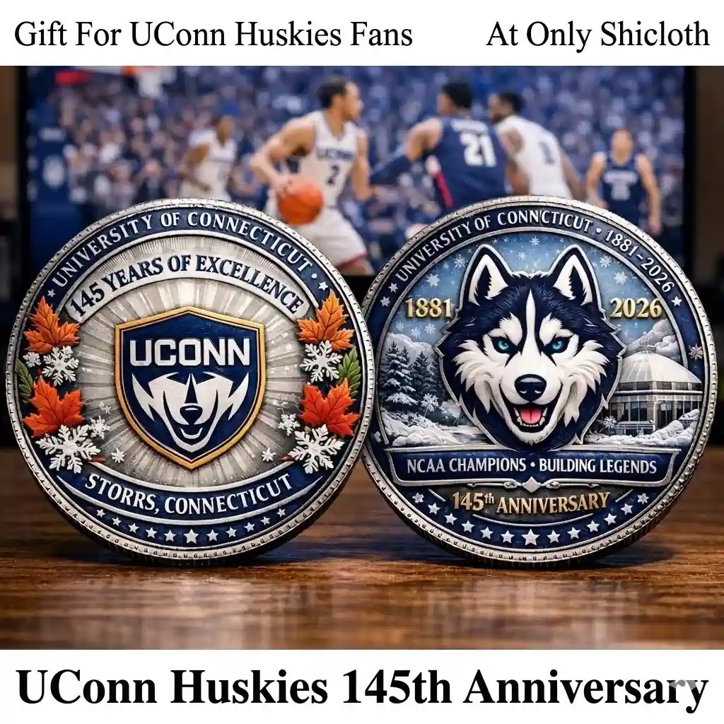 Uconn Huskies anniversary coin front and back displayed before basketball game background!