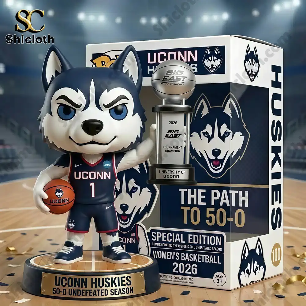 Uconn husky mascot figure with special edition box and trophy