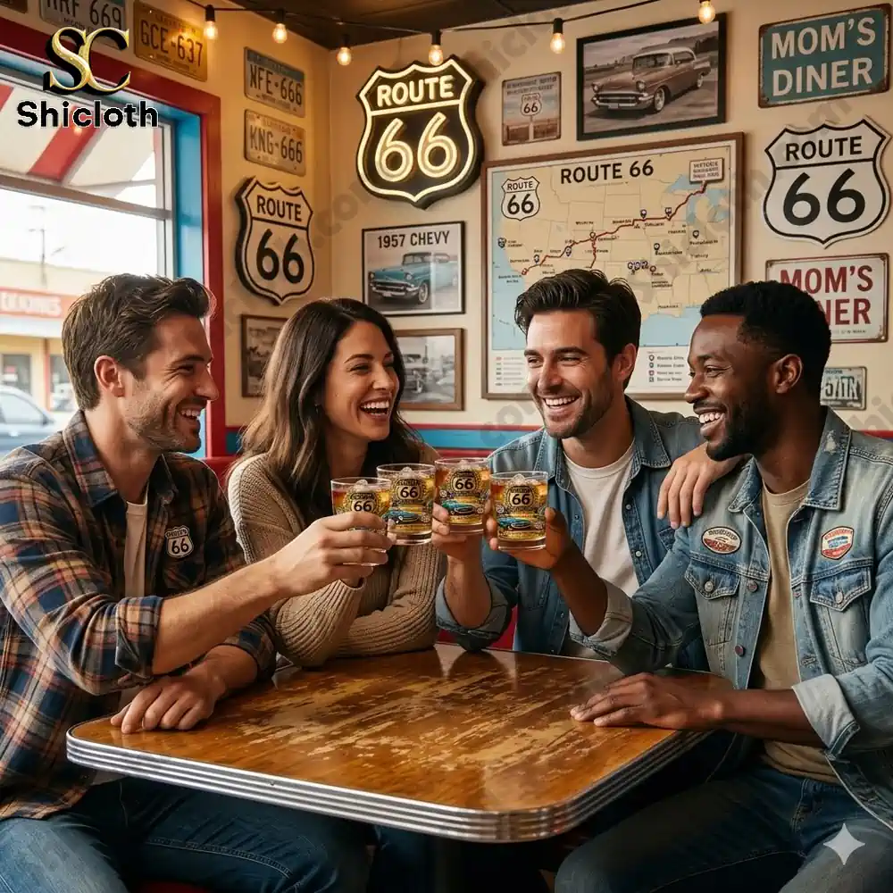 Friends toasting with Route 66 whiskey glasses in a retro diner