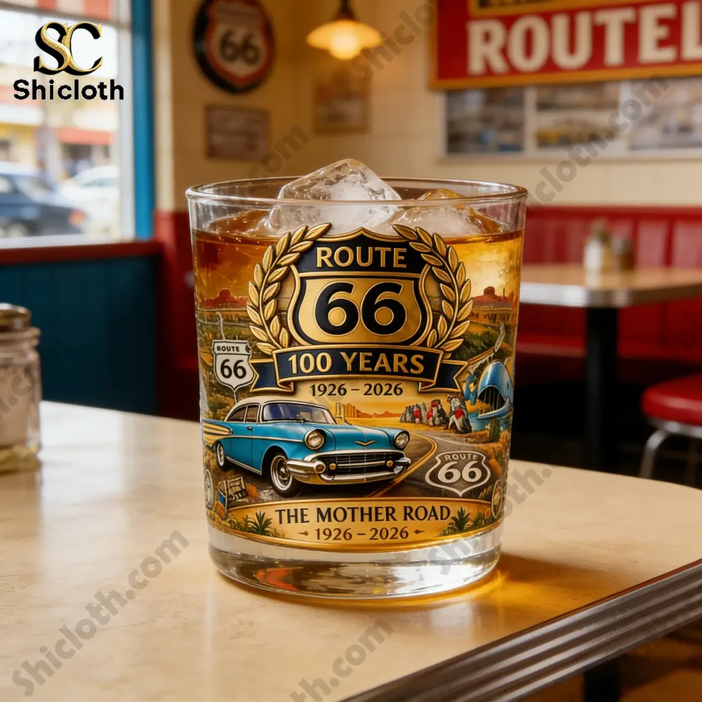 Close up of Route 66 centennial whiskey glass on diner table