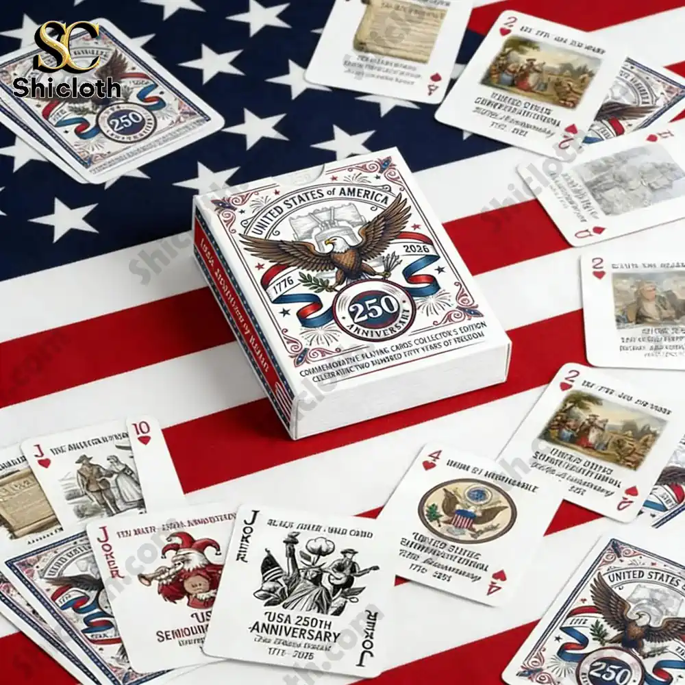 USA 250th anniversary playing cards spread on American flag