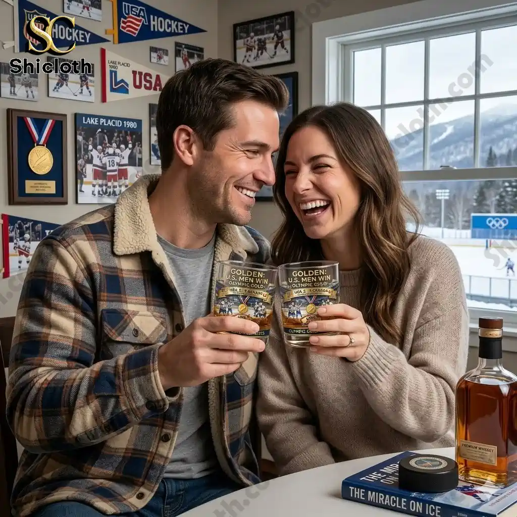 Couple holding USA Hockey Olympic Gold whiskey glasses in decorated room!