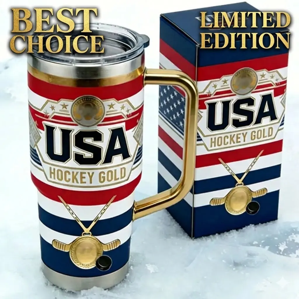 USA Hockey Gold tumbler with retail box on ice surface!