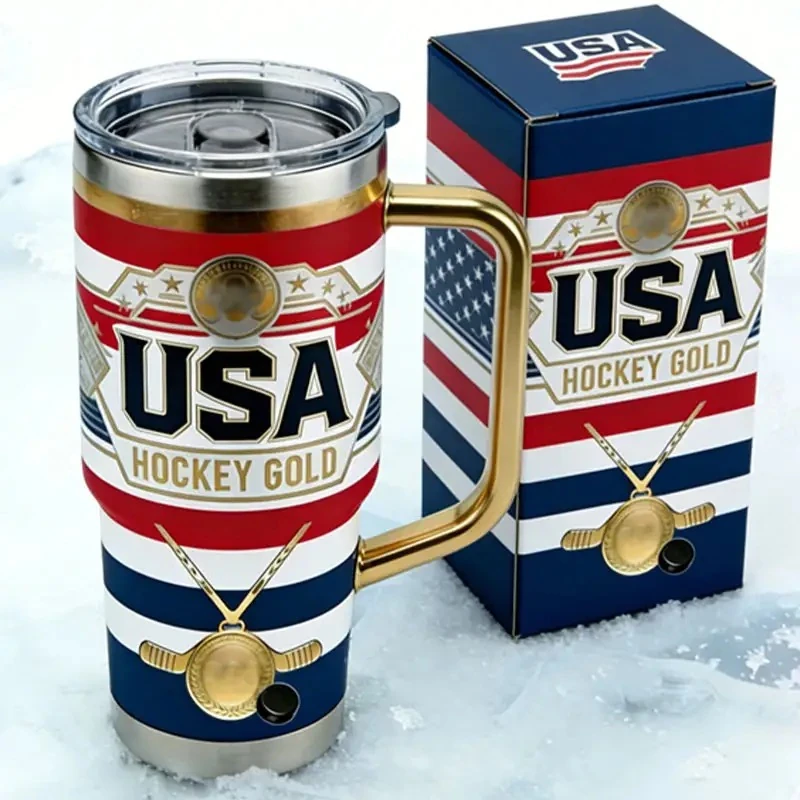 USA Hockey Gold tumbler with clear lid and matching box!