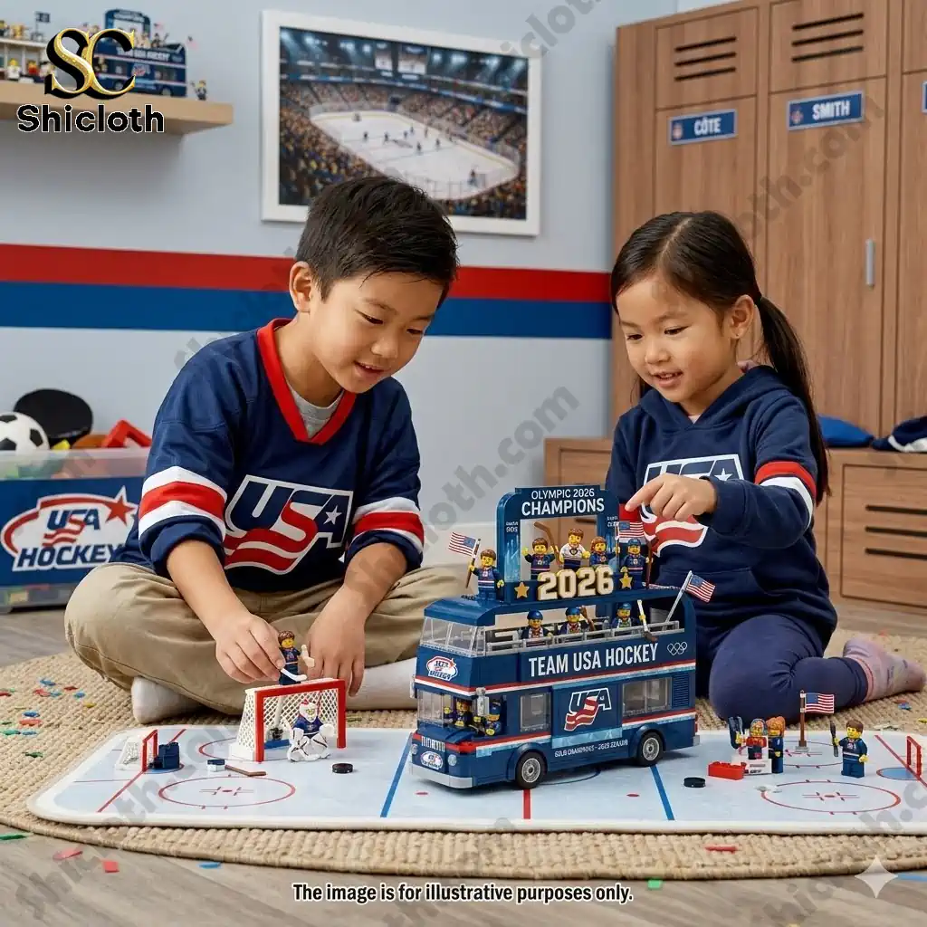 Two children playing with a Team USA Hockey 2026 Olympic Champions building brick bus set in a sports themed room.