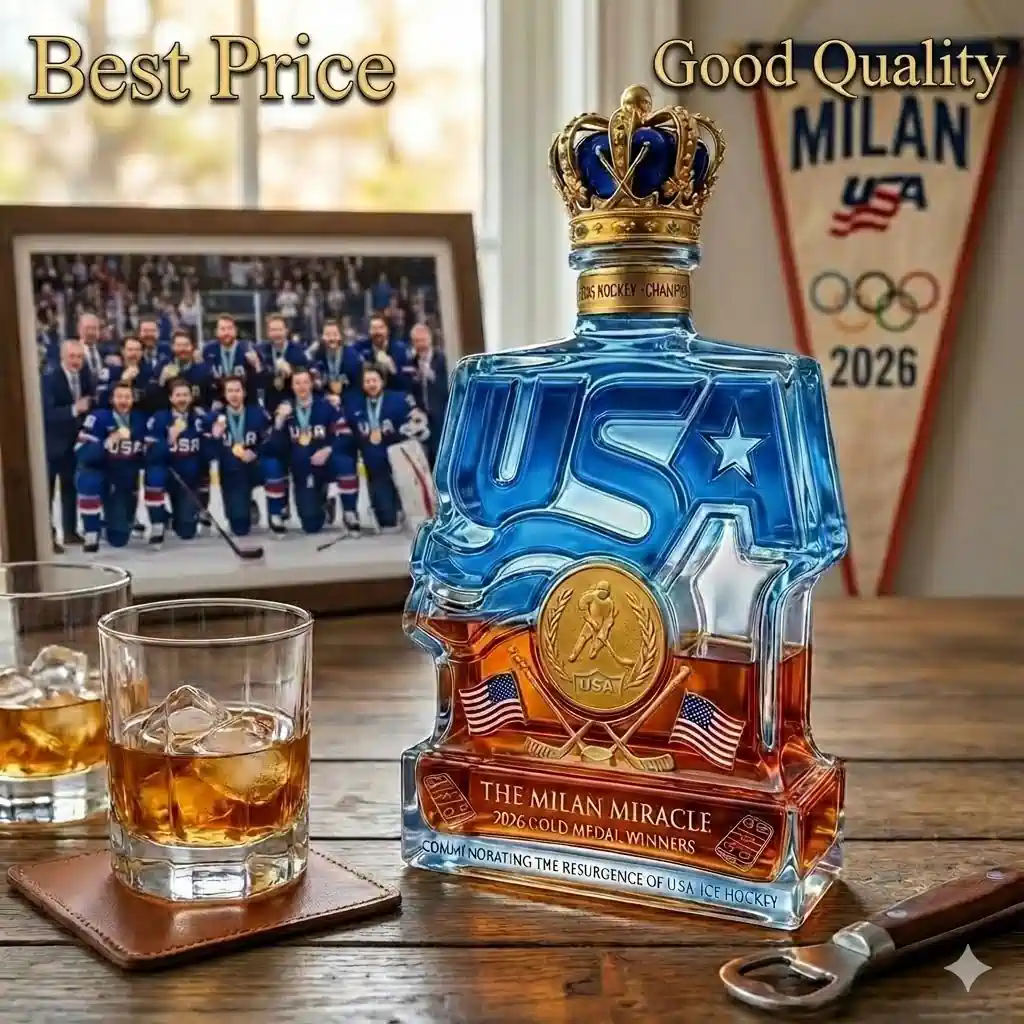 USA ice hockey Milan miracle themed whiskey bottle on table with glasses and team photo!