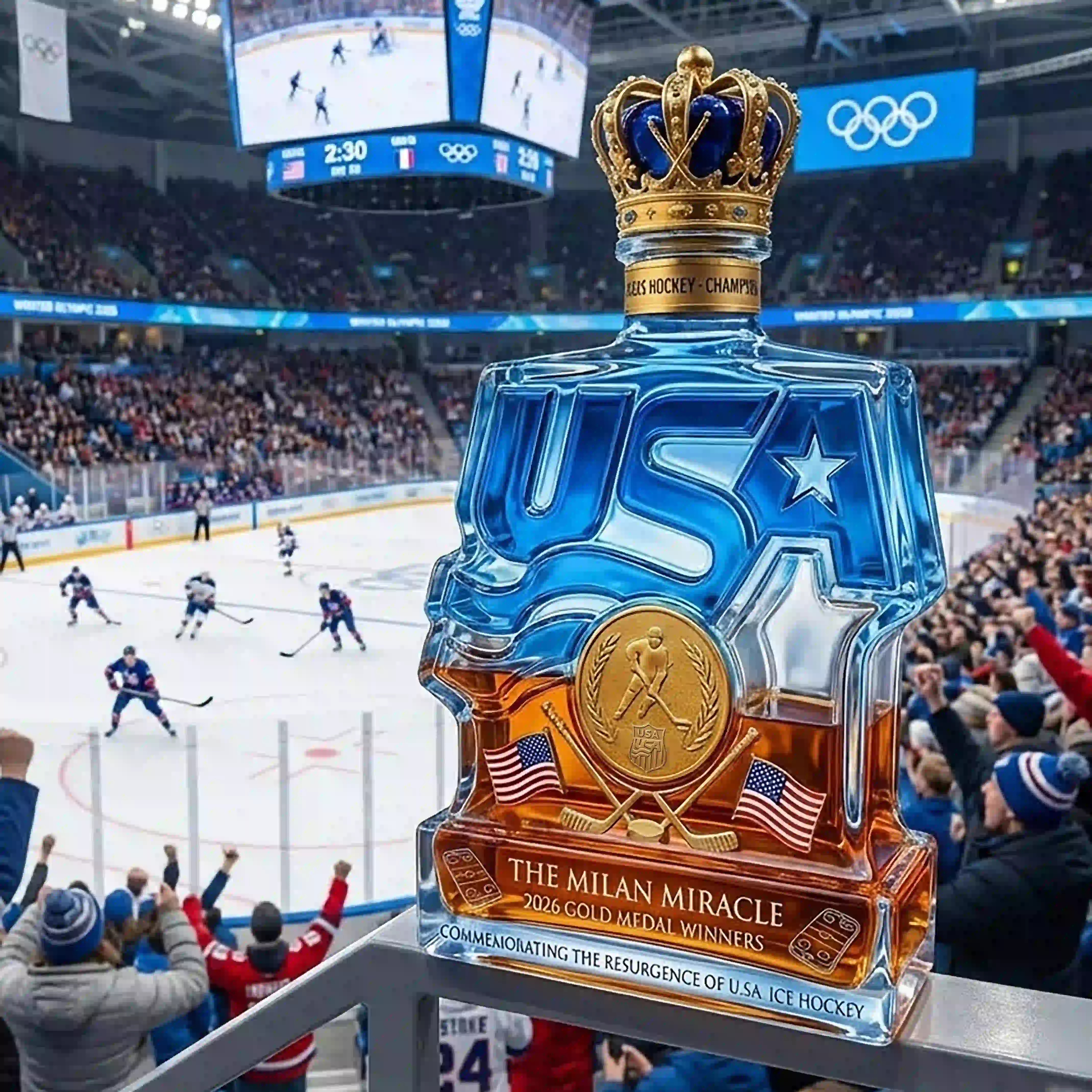 USA ice hockey Milan miracle whiskey bottle overlooking a hockey arena crowd!
