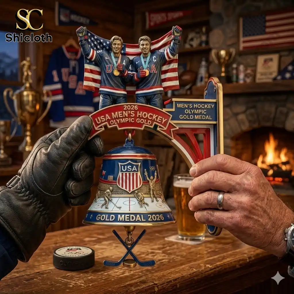 USA Mens Hockey Olympic Gold 2026 commemorative wall bell held in a cozy bar setting with fireplace and beer glass