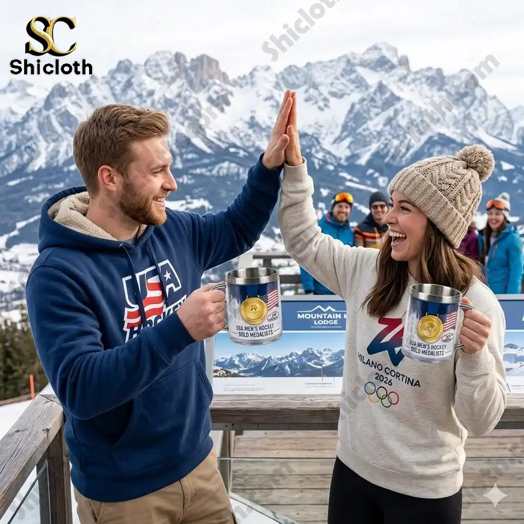 Two people holding USA Mens Hockey gold medal stainless steel mugs in a snowy mountain setting.