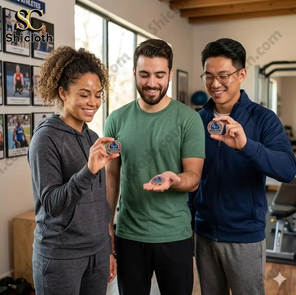 Three people holding a USA National Team Paralympic Legacy commemorative coin in a gym!